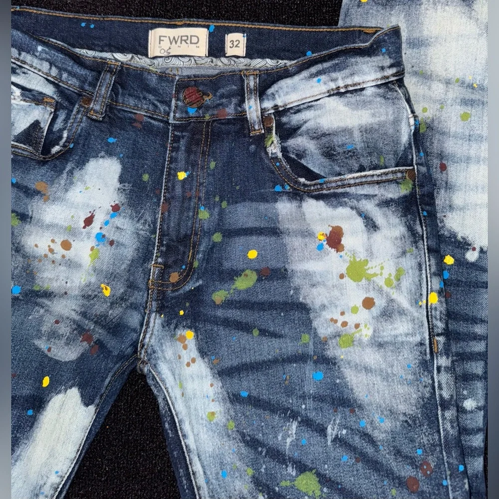 FWRD  Men’s Denim Set Bleached Splattered Paint Denim Jean Jacket W/ Pants